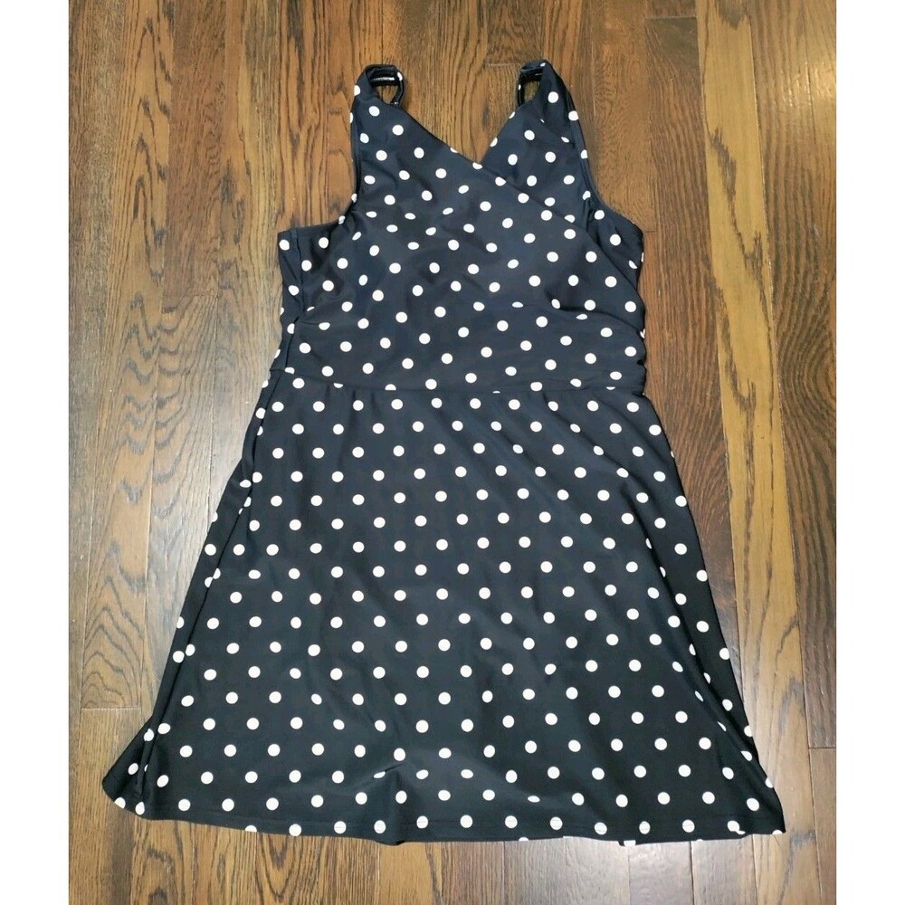 Lands' End Womens One Piece Swimsuit Dress Size 10/12 Black White Polka Dot EUC